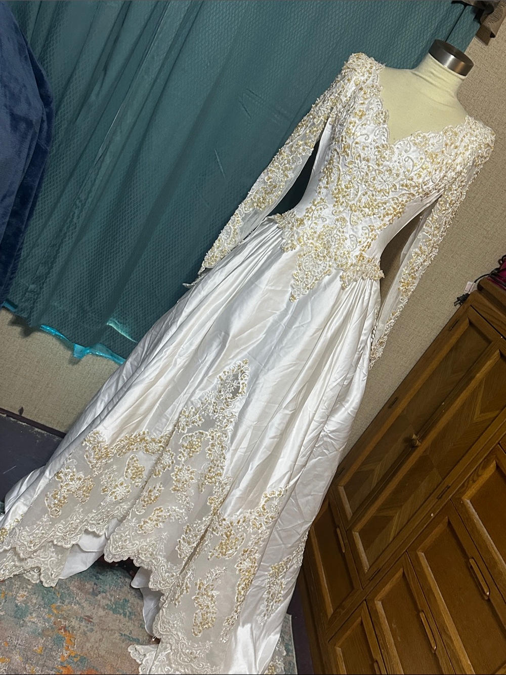 Elegant White and Gold Embroidered Long Sleeve Wedding Dress